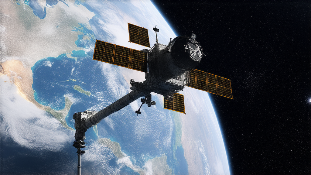 A robotic arm performs delicate repairs on a satellite against a backdrop of Earth and stars, illustrating sustainable space practices.