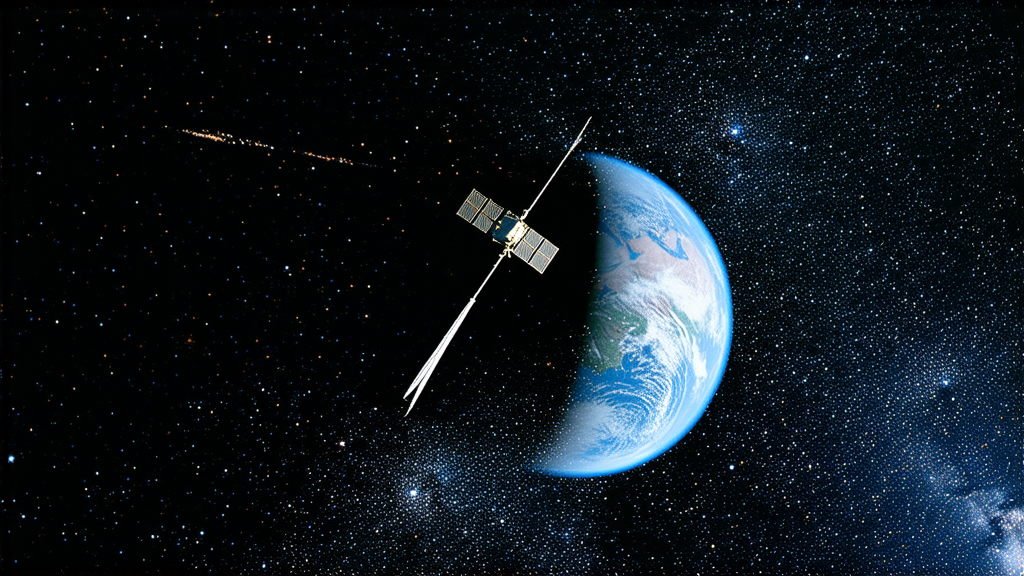 A geostationary satellite descends toward Earth, leaving a debris trail, symbolizing the end of its service life.