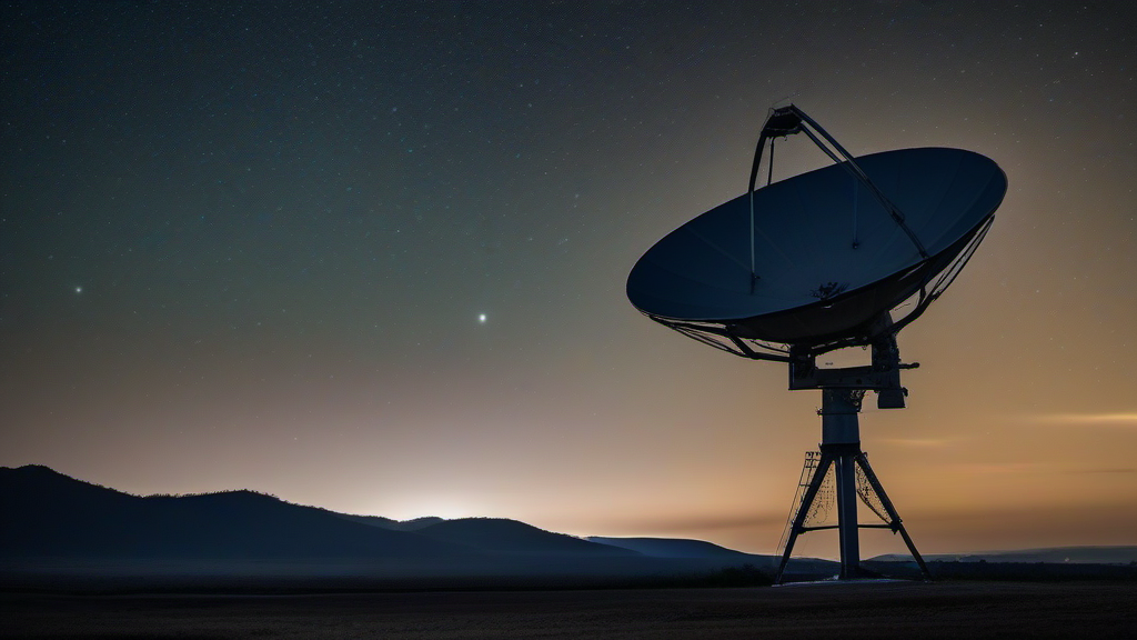A satellite dish points towards the stars, symbolizing the management of non-operational satellites orbiting Earth.