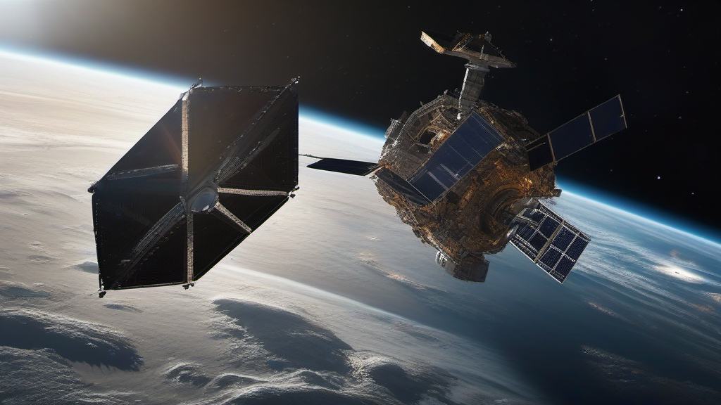 A satellite uses robotic arms to capture a glinting piece of orbital debris against the backdrop of Earth.