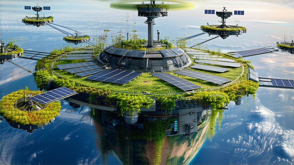 A vibrant network of interconnected satellites orbits Earth, powered by renewable energy and featuring thriving, self-sustaining ecosystems.