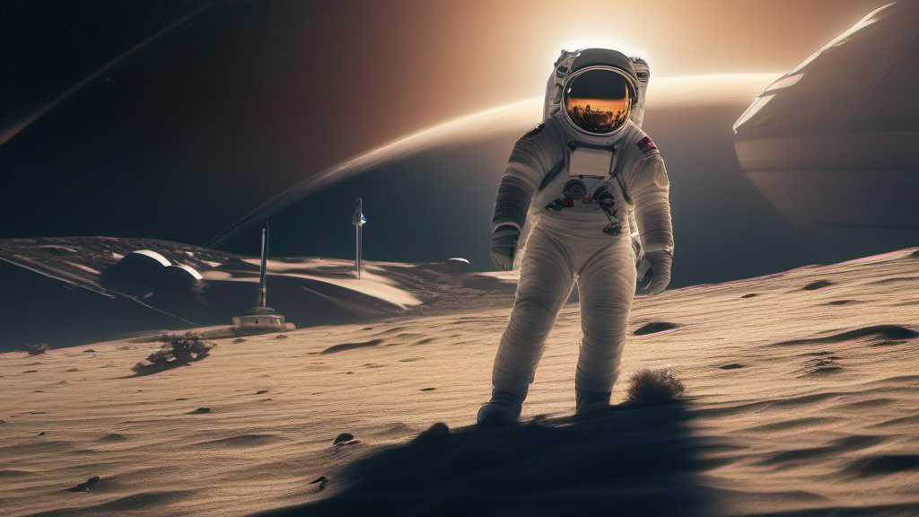 An astronaut journeys toward a sustainable space station on a lunar surface, symbolizing responsible space exploration.