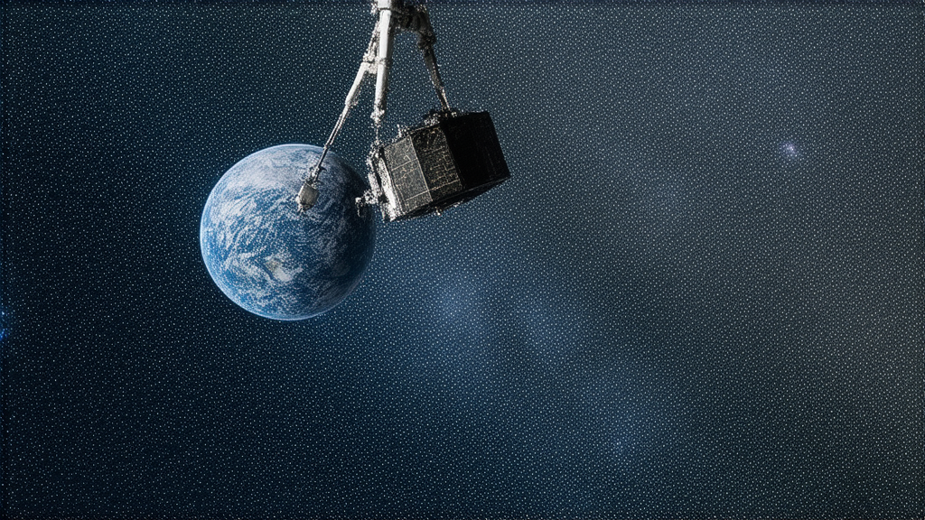 A robotic arm retrieves a glowing, retired satellite from low Earth orbit, showcasing orbital reclamation technology.
