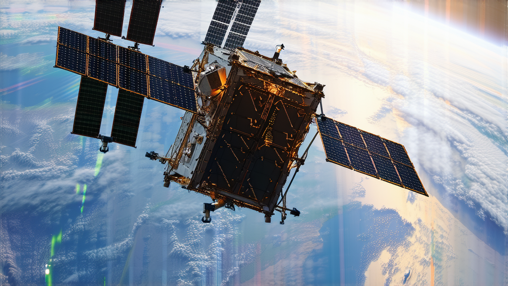 A satellite protected by a shimmering data shield orbits Earth, highlighting the importance of safety in space operations.