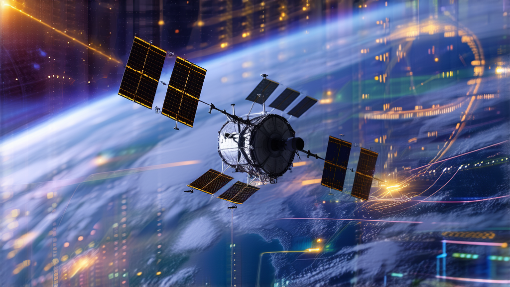 A stylized satellite orbits Earth within a network of glowing data streams and protective shields, symbolizing mission safety and compliance.